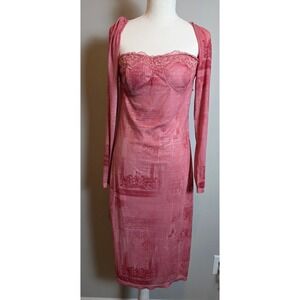 CHERLEY Pink Lace Trim Corset Long Sleeve Midi Dress Square Neck